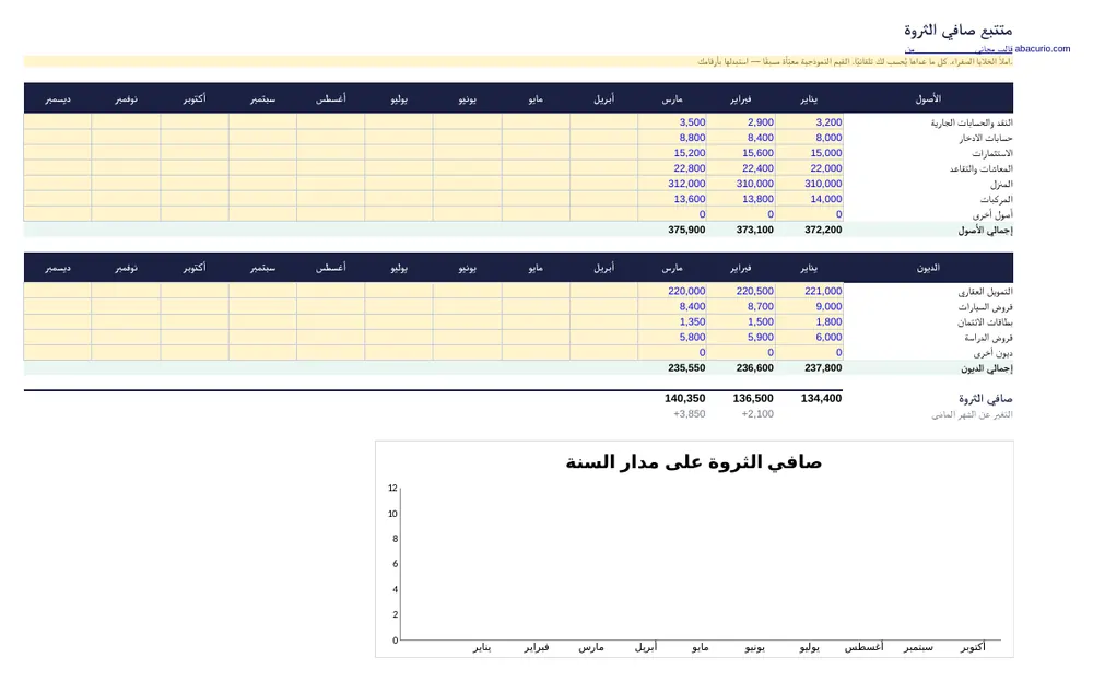 معاينة قالب متتبع صافي الثروة