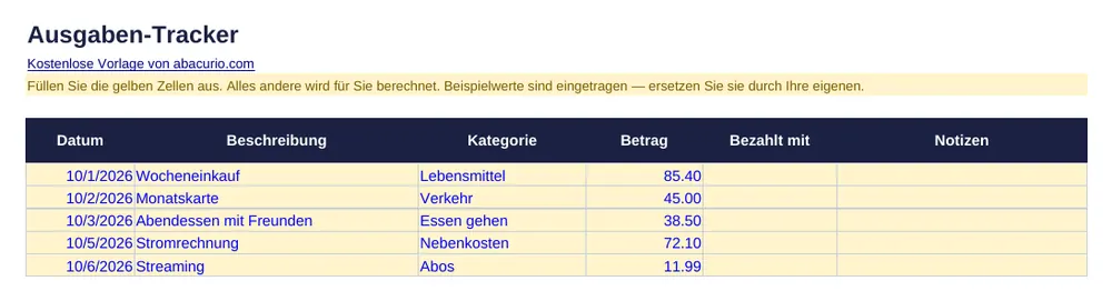Vorschau der Vorlage Ausgaben-Tracker