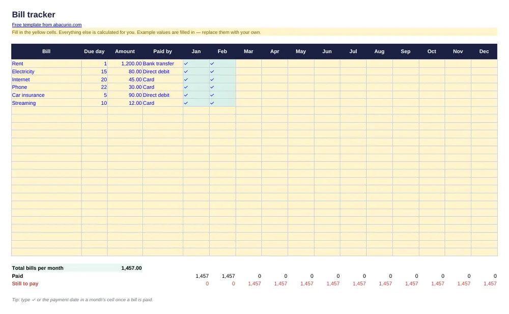 Preview of the Bill tracker template