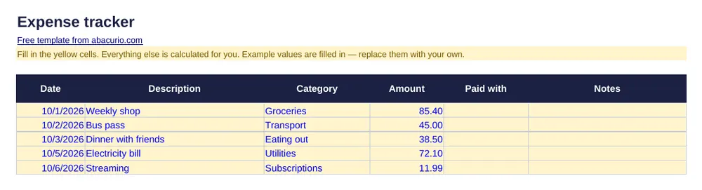 Preview of the Expense tracker template