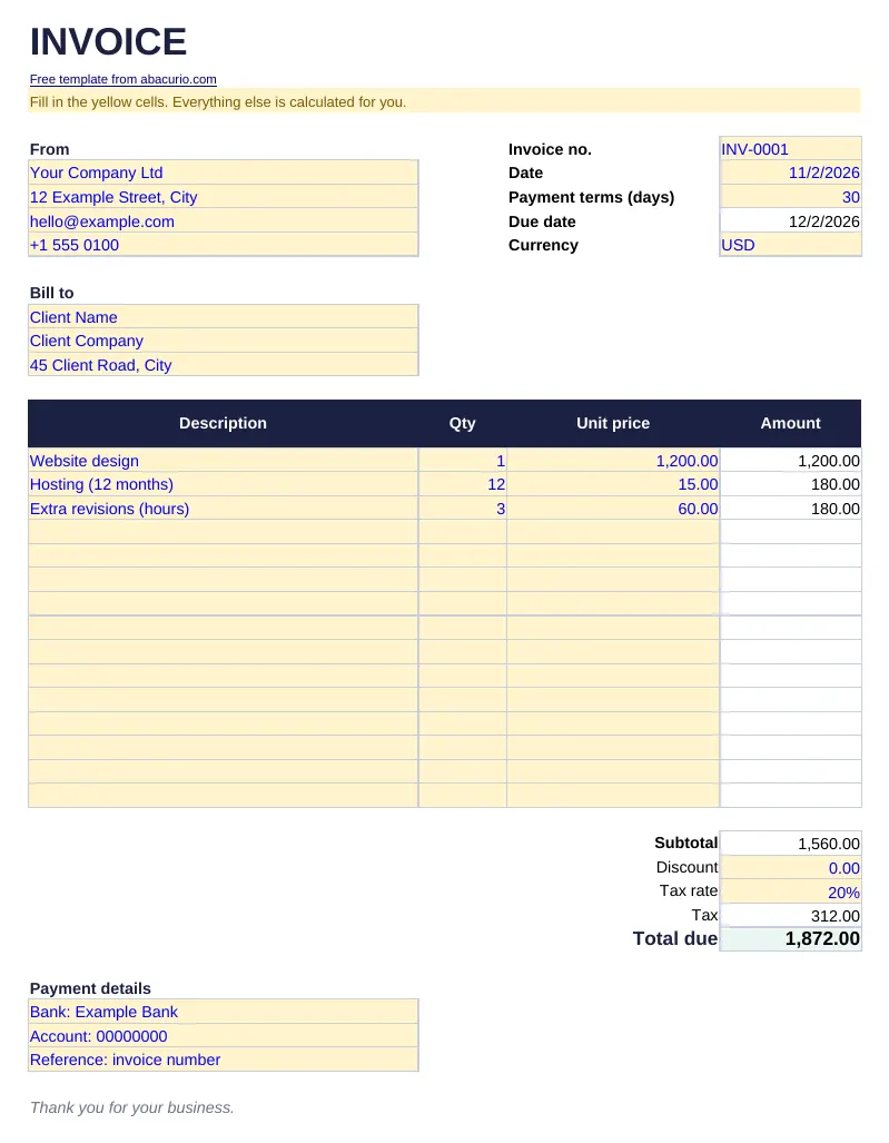 Preview of the Invoice template template
