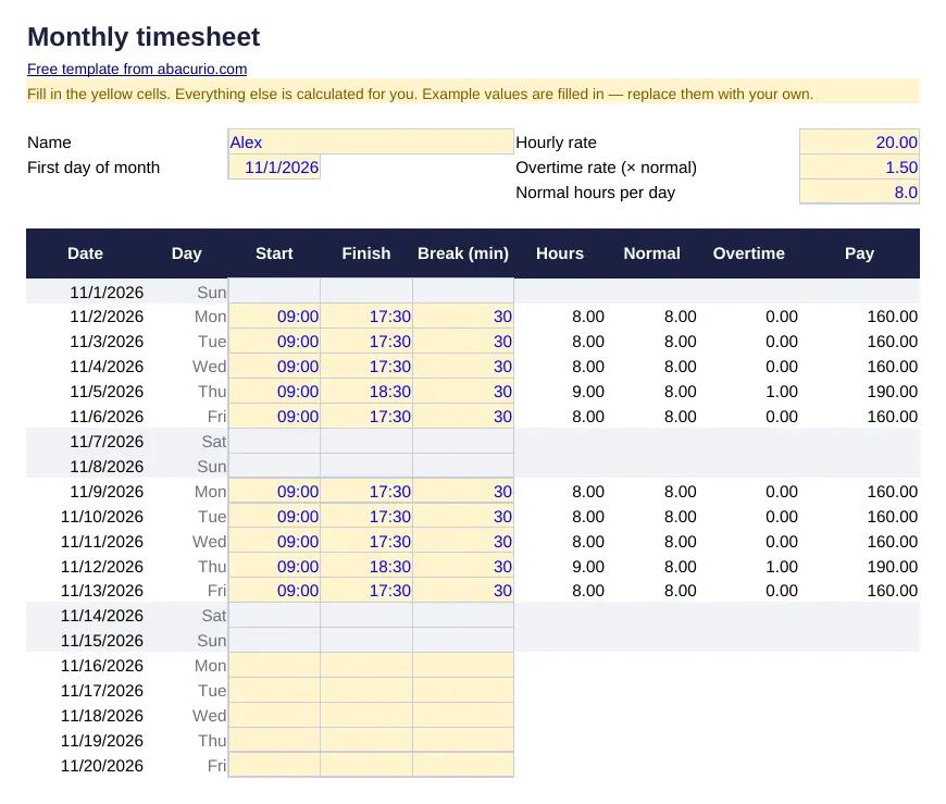 Preview of the Monthly timesheet template