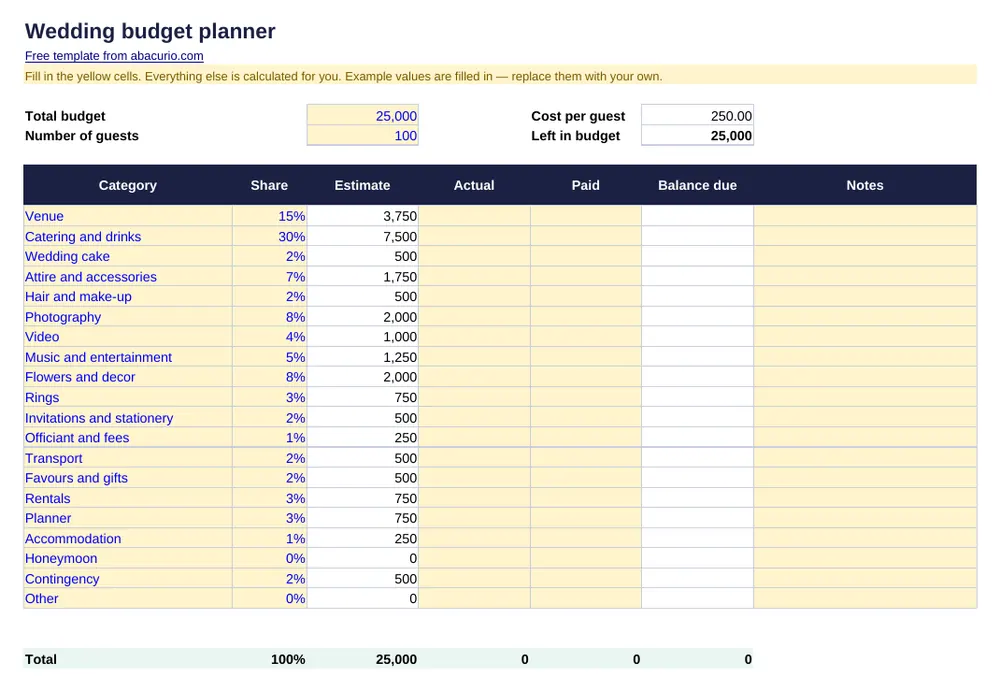 Preview of the Wedding budget planner template