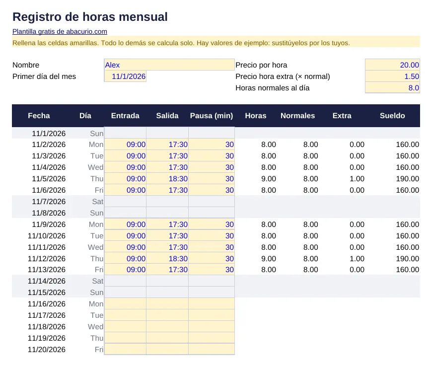 Vista previa de la plantilla Registro de horas mensual
