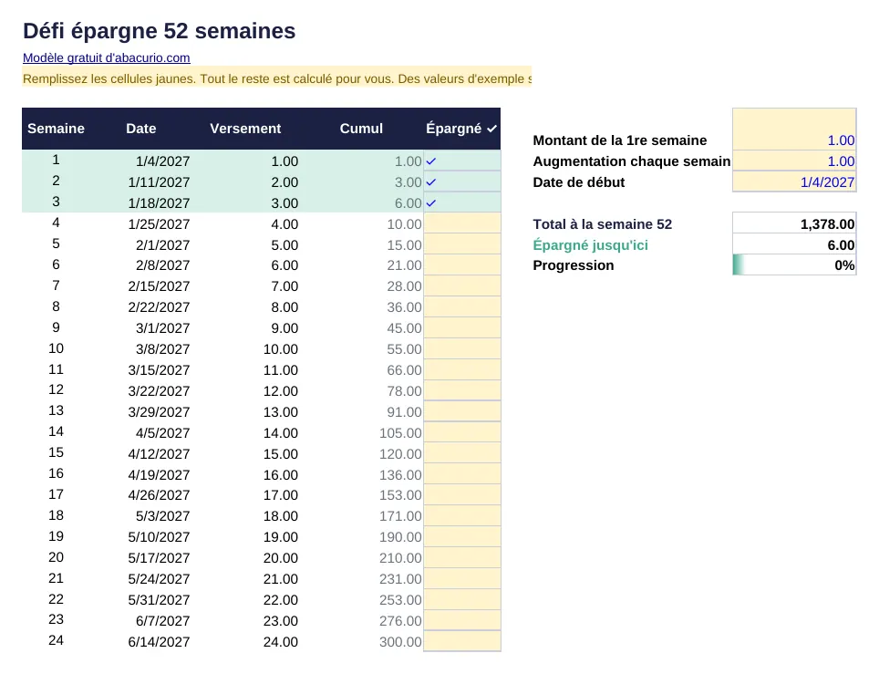 Aperçu du modèle Défi épargne 52 semaines
