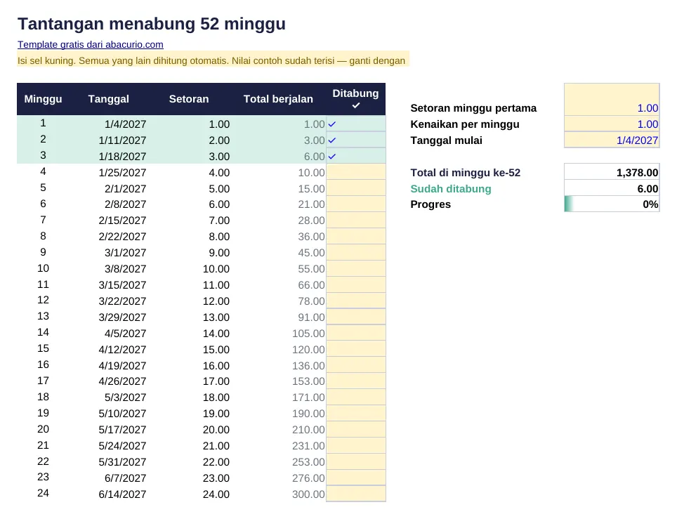Pratinjau template Tantangan menabung 52 minggu