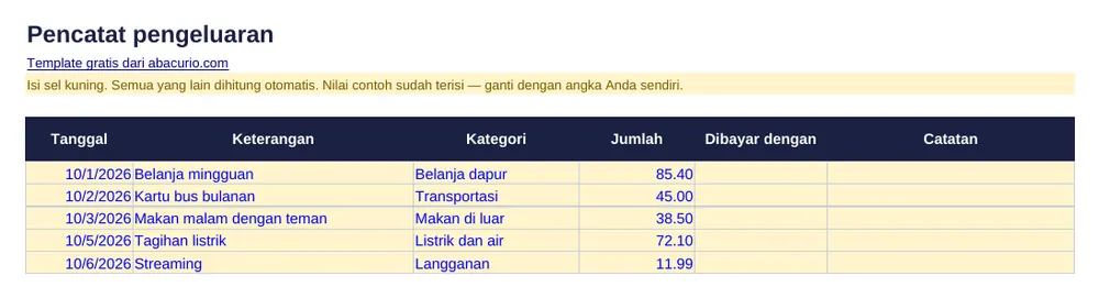 Pratinjau template Pencatat pengeluaran