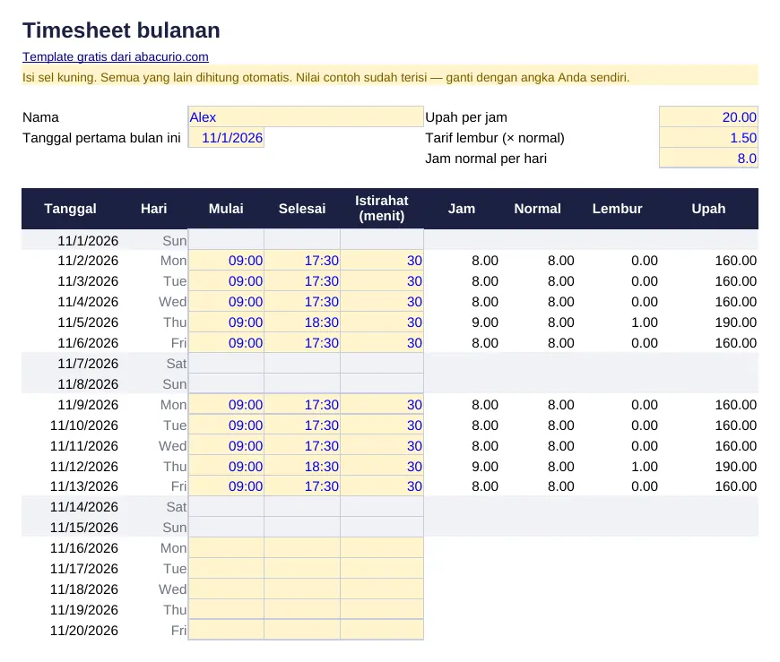Pratinjau template Timesheet bulanan
