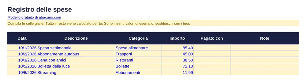 Anteprima del modello Registro delle spese