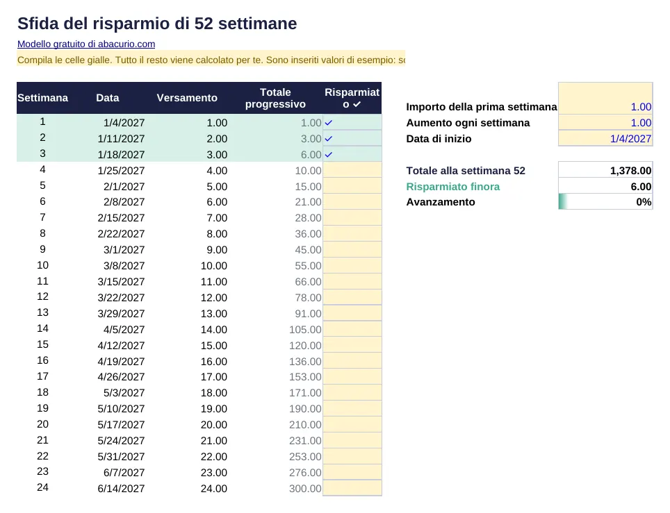 Anteprima del modello Sfida del risparmio di 52 settimane