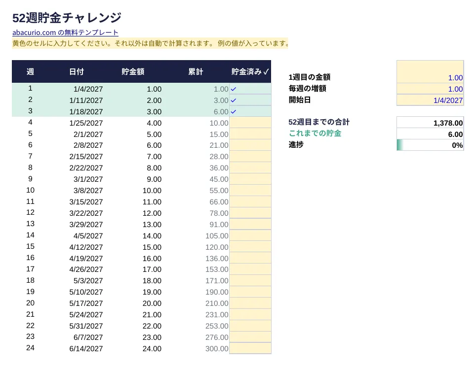 52週貯金チャレンジテンプレートのプレビュー