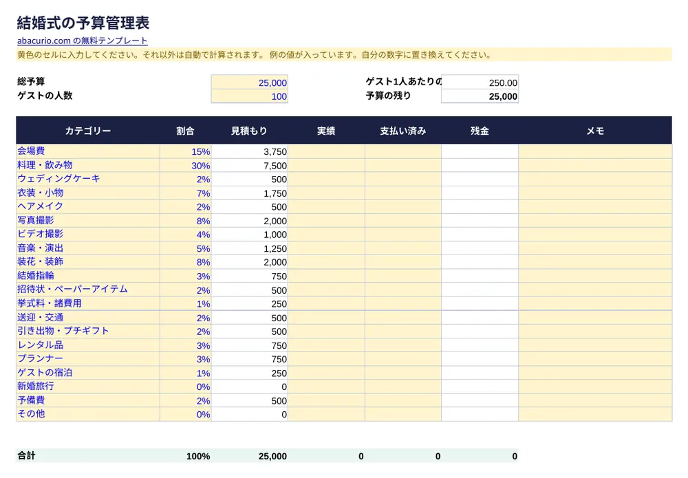結婚式の予算管理表テンプレートのプレビュー