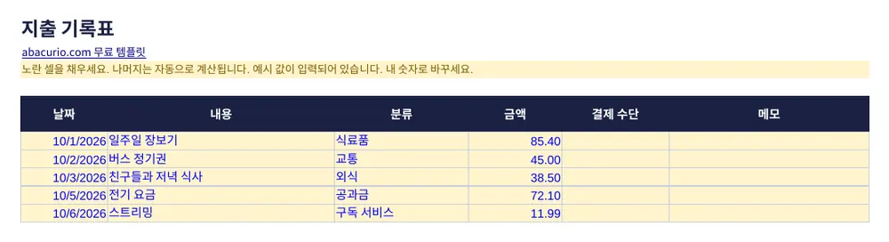 지출 기록표 템플릿 미리보기