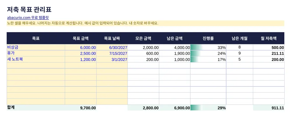 저축 목표 관리표 템플릿 미리보기