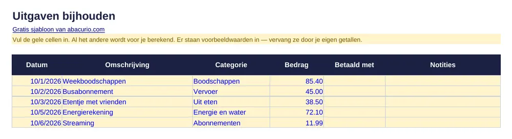 Voorbeeld van het sjabloon Uitgaven bijhouden
