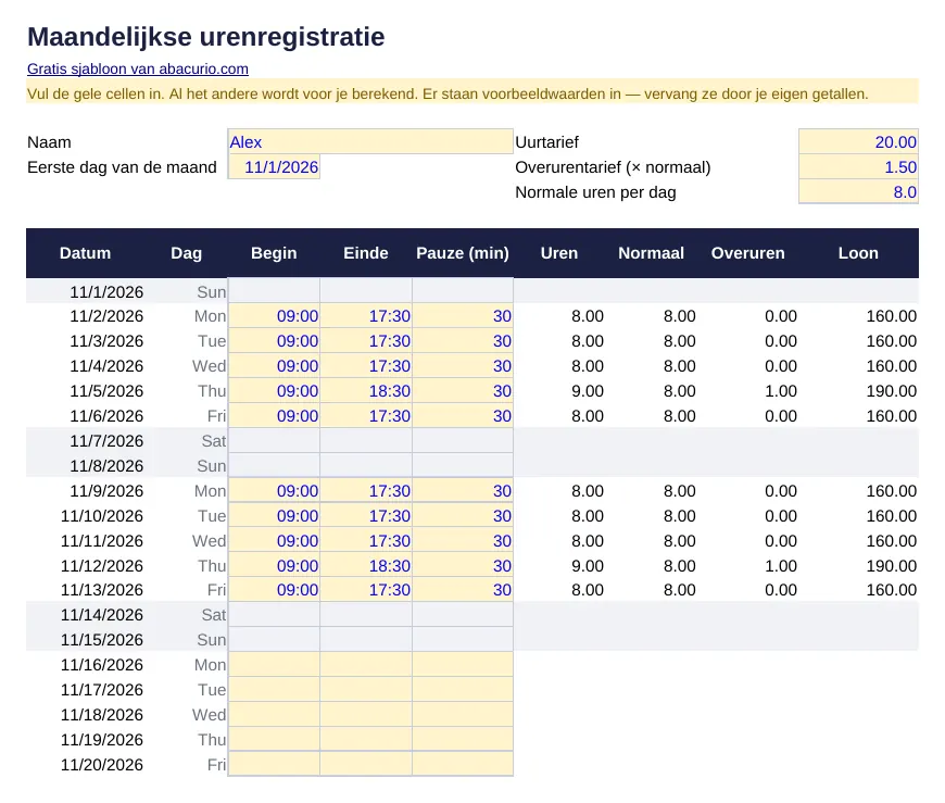 Voorbeeld van het sjabloon Maandelijkse urenregistratie