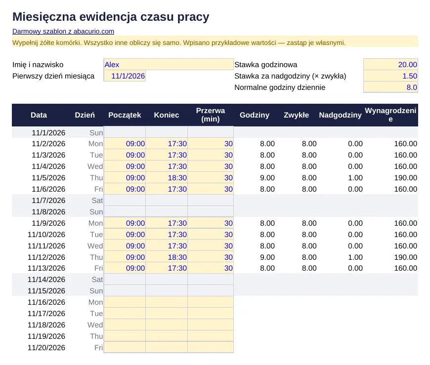 Podgląd szablonu: Miesięczna ewidencja czasu pracy