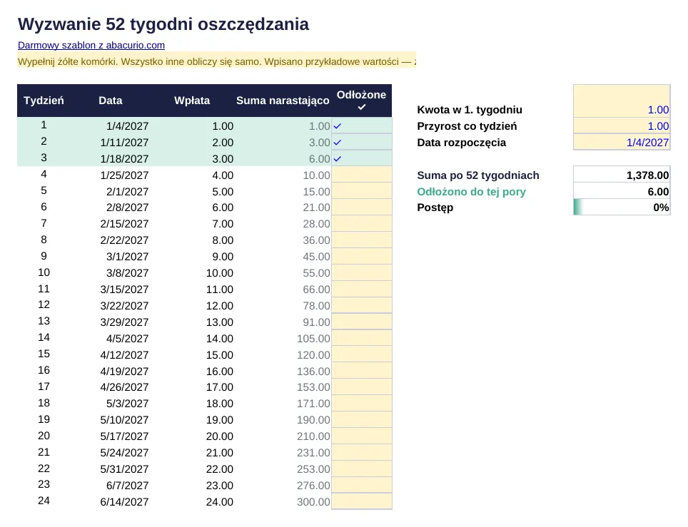 Podgląd szablonu: Wyzwanie 52 tygodni oszczędzania