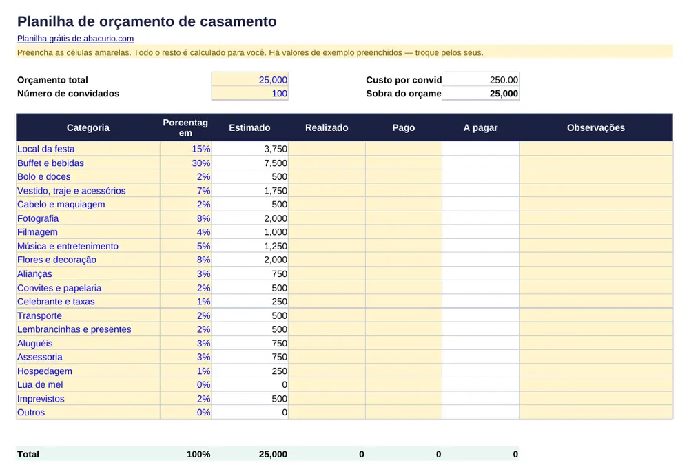 Prévia do modelo Planilha de orçamento de casamento