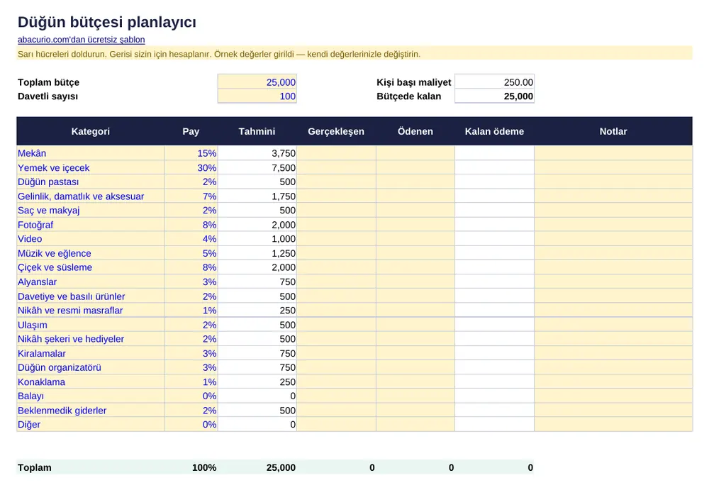 Düğün bütçesi planlayıcı şablonunun önizlemesi