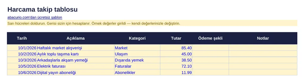 Harcama takip tablosu şablonunun önizlemesi