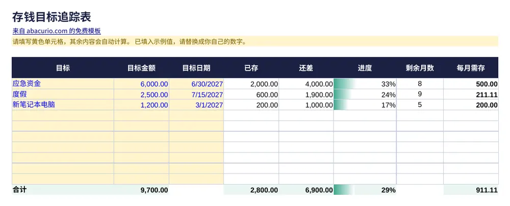 存钱目标追踪表模板预览